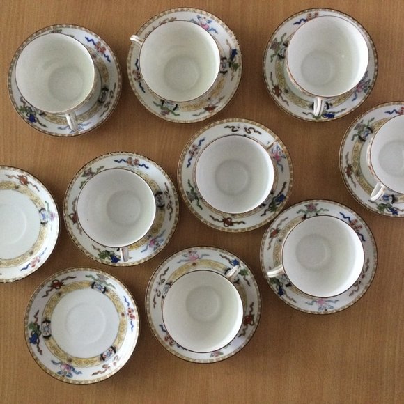 18pcs Hand painted Noritake Green M in wreath mark 8 cups & 10 saucers eggshell - Picture 4 of 12
